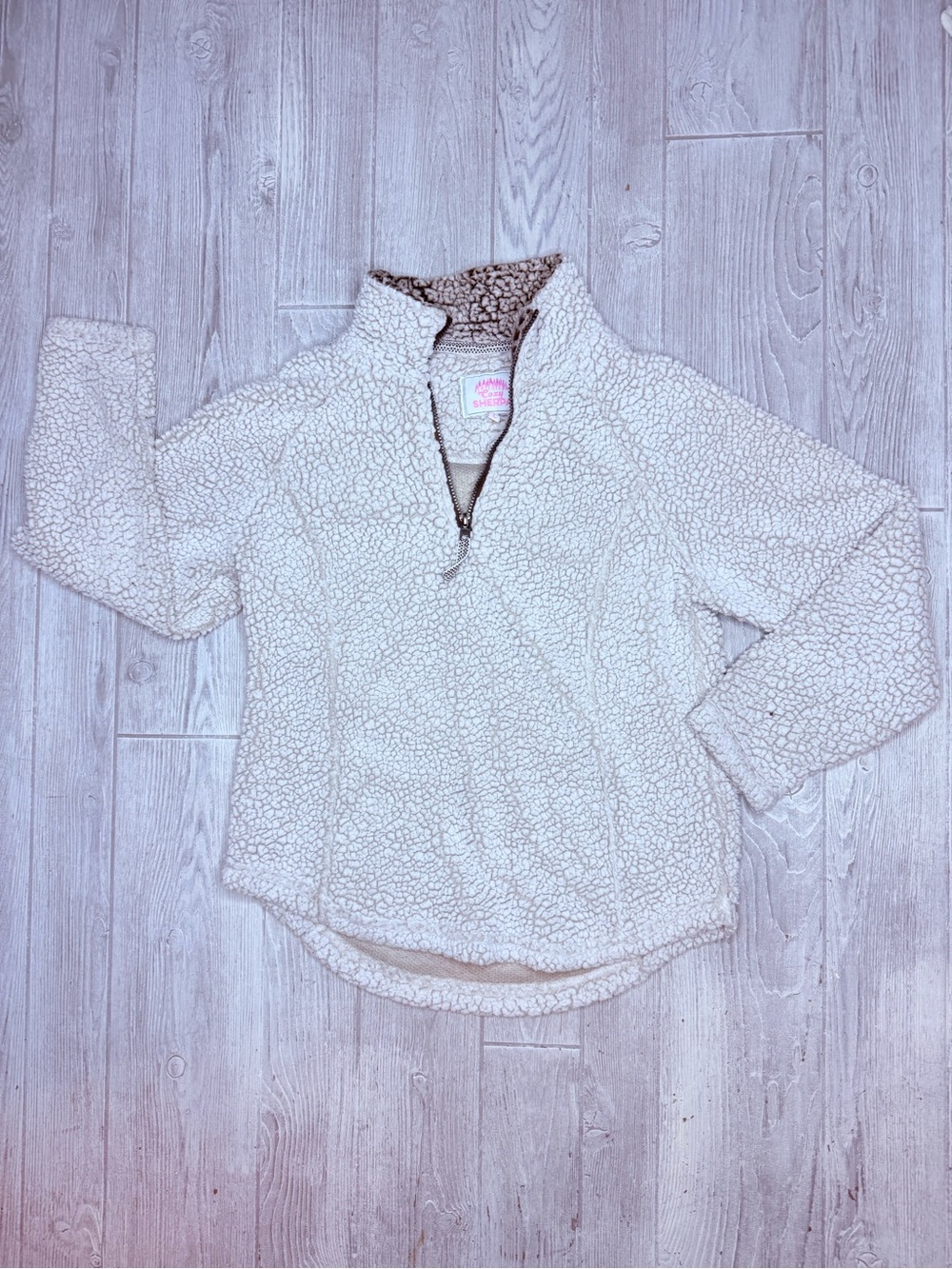 Cozy Sherpa Jacket Womens Large Cream Quarter Zip Faux Fur High Neck Pullover